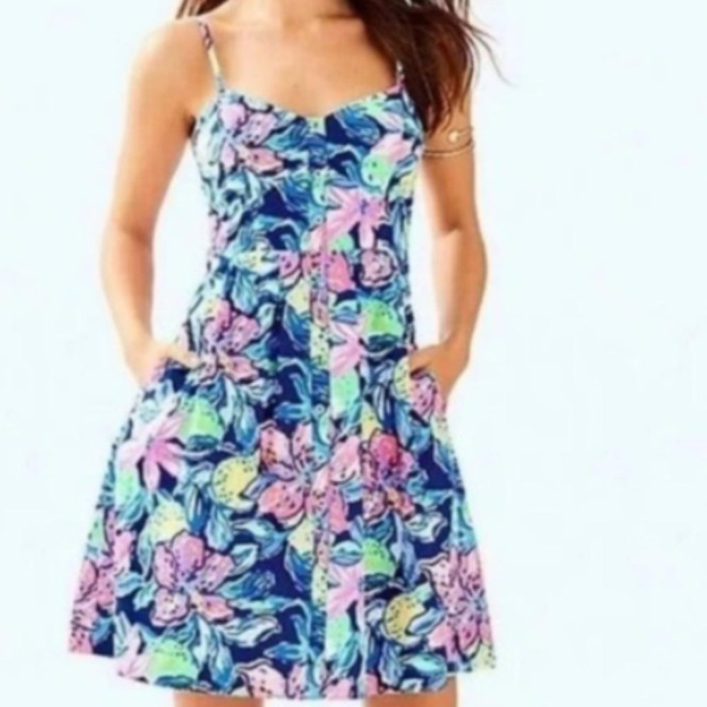 Lilly Pulitzer Easton Capri Soleil Dress Navy Floral Sz 6 Pockets